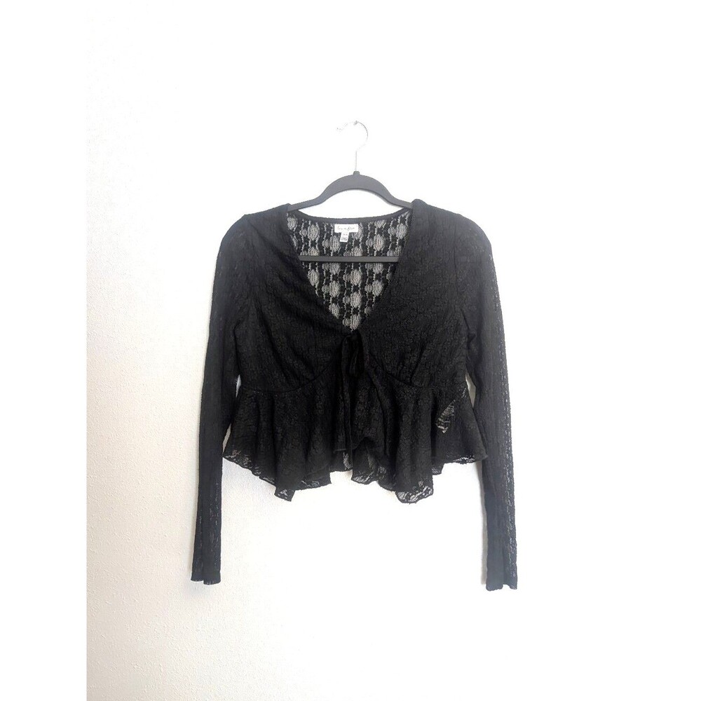 Love, Fire Black Lace Peplum Babydoll Cardigan Top Tie Front Sheer Lace Medium